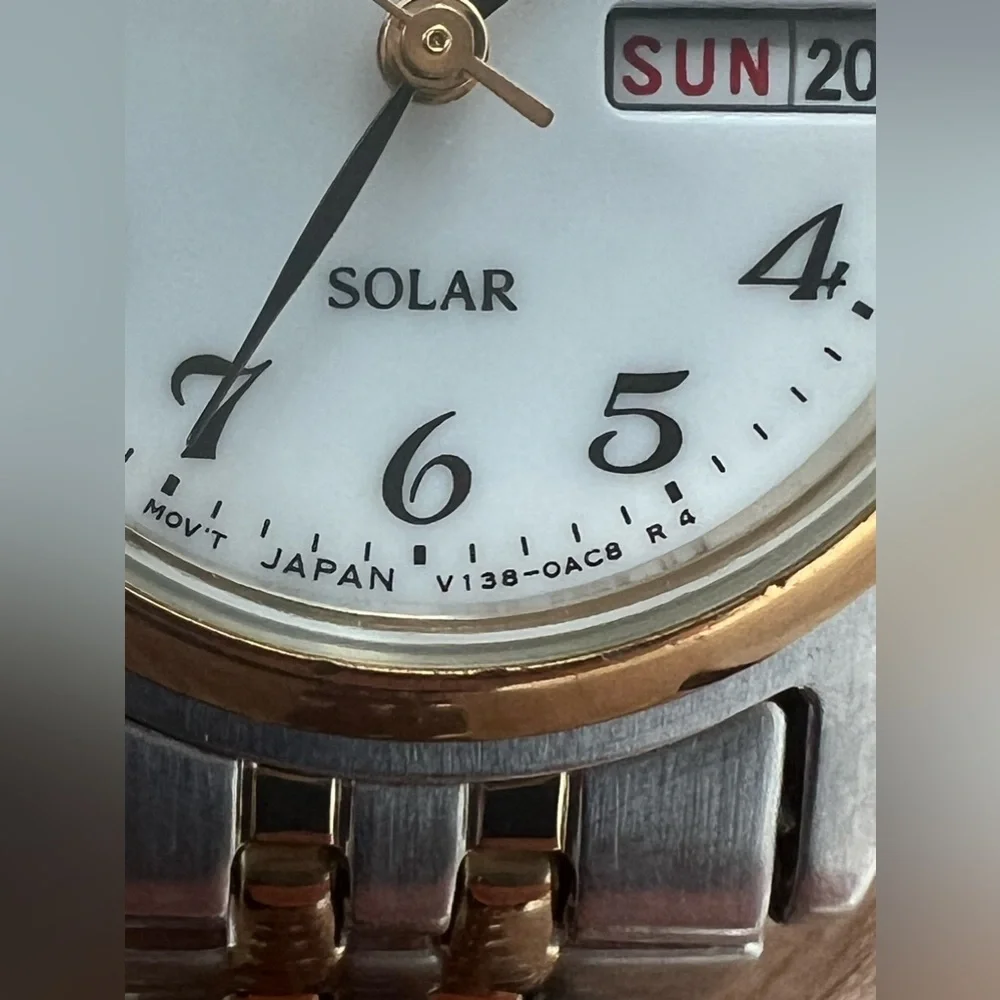 Seiko Solar Ladies Watch Two-Tone Bracelet White Dial Date Window New Crystal